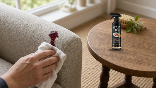 Spot-treating a wine spill on a fabric sofa with a plant-powered stain remover spray