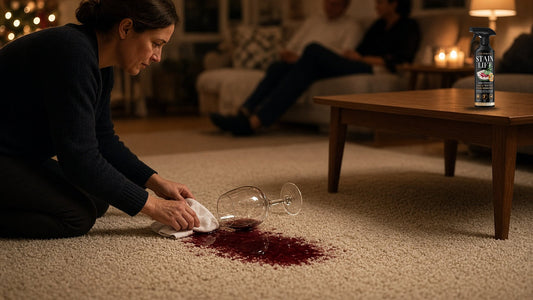 Blotting a fresh red wine spill on a cream carpet with a white cloth during a dinner party