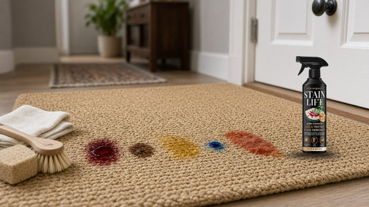 Five types of stains on a textile mat: wine, blood, oil, ink and sauce, beside a cloth and soft brush