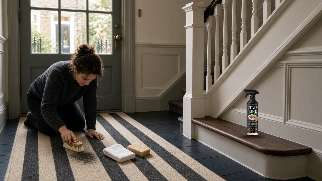 Using stain remover spray on a hallway carpet runner with a soft brush, white cloths and a scour sponge