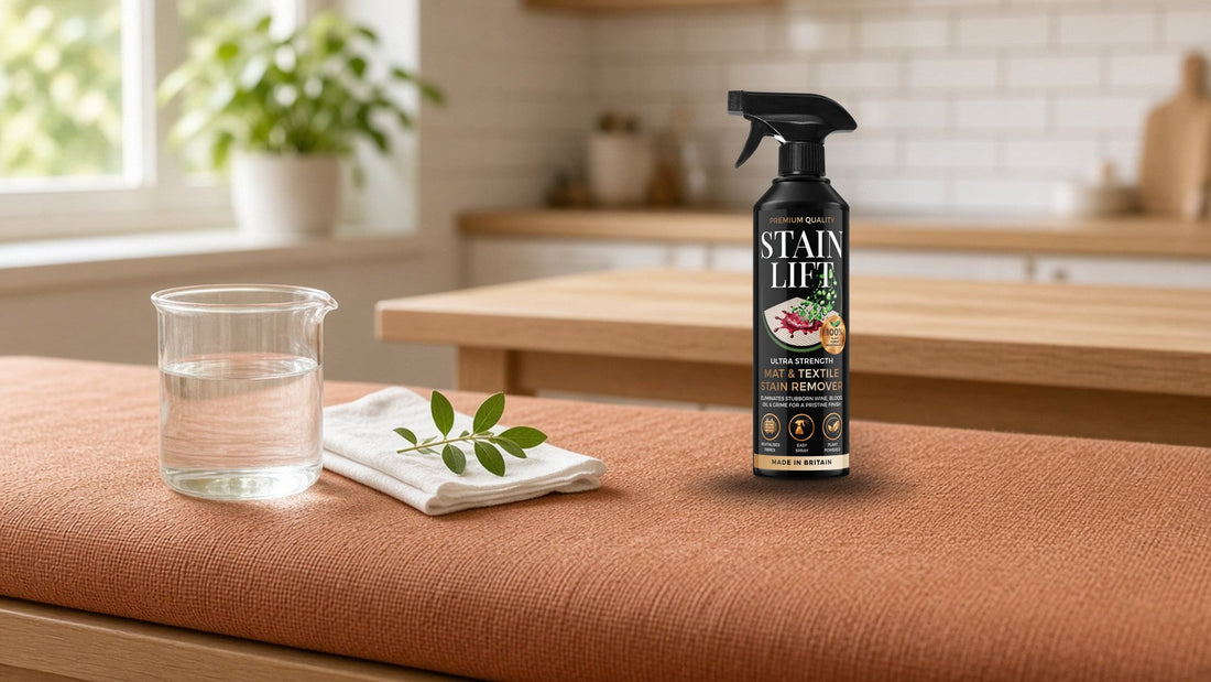 Plant-based surfactants explained: a stain remover spray and a glass beaker on a terracotta fabric bench in a kitchen