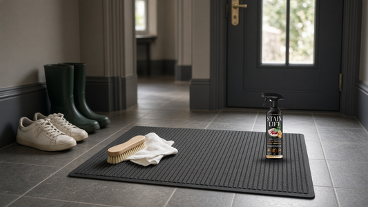 How to clean entrance mats: a stain remover spray and soft brush on a charcoal ribbed mat inside a UK front door