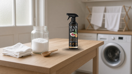 Sodium percarbonate: stain remover spray and plain white oxygen bleach powder on a utility worktop
