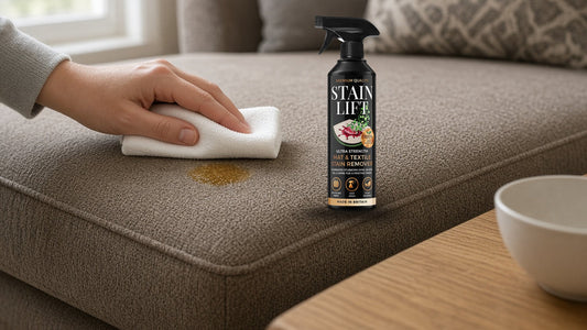 How to remove oil stains from fabric: blotting cooking oil on a warm taupe sofa beside a stain remover spray