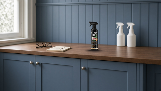 Greenwashing cleaning products guide: a stain remover spray beside reading glasses and a notepad on a utility-room worktop