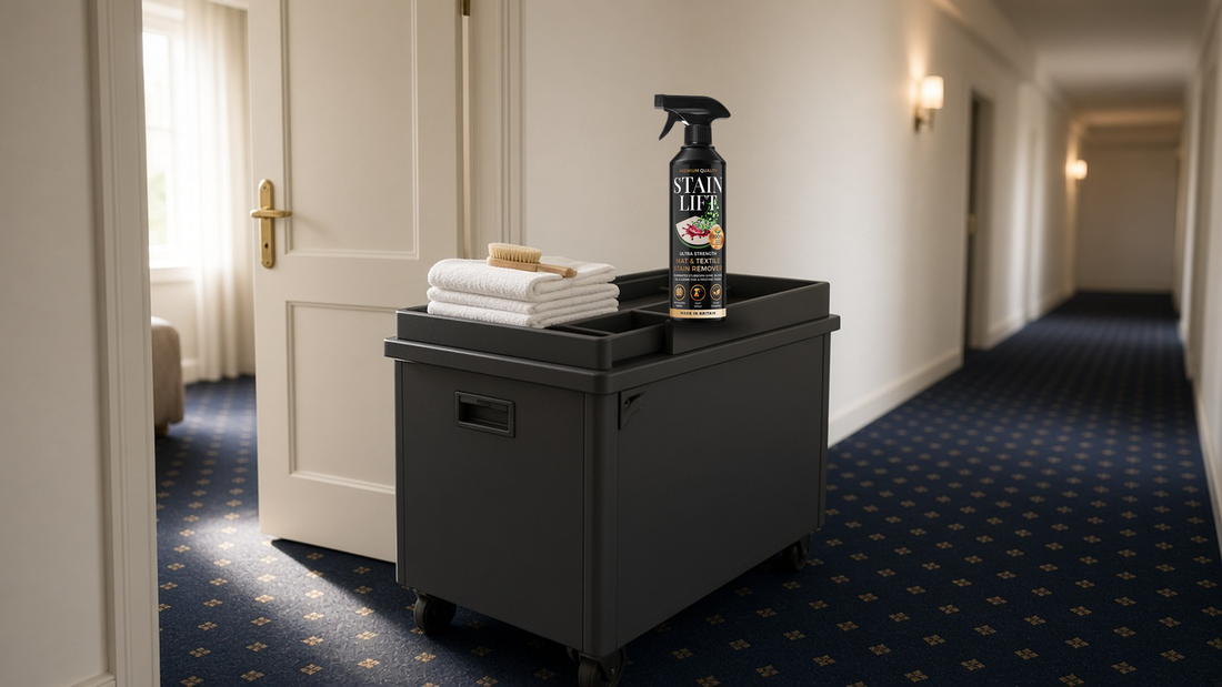 Commercial carpet stain remover on a hotel housekeeping trolley with folded white cloths in a UK hotel corridor