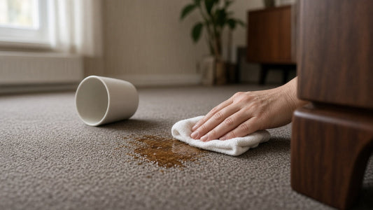 Blotting a fresh coffee stain on carpet with a folded white cloth beside a tipped plain mug in a UK living room