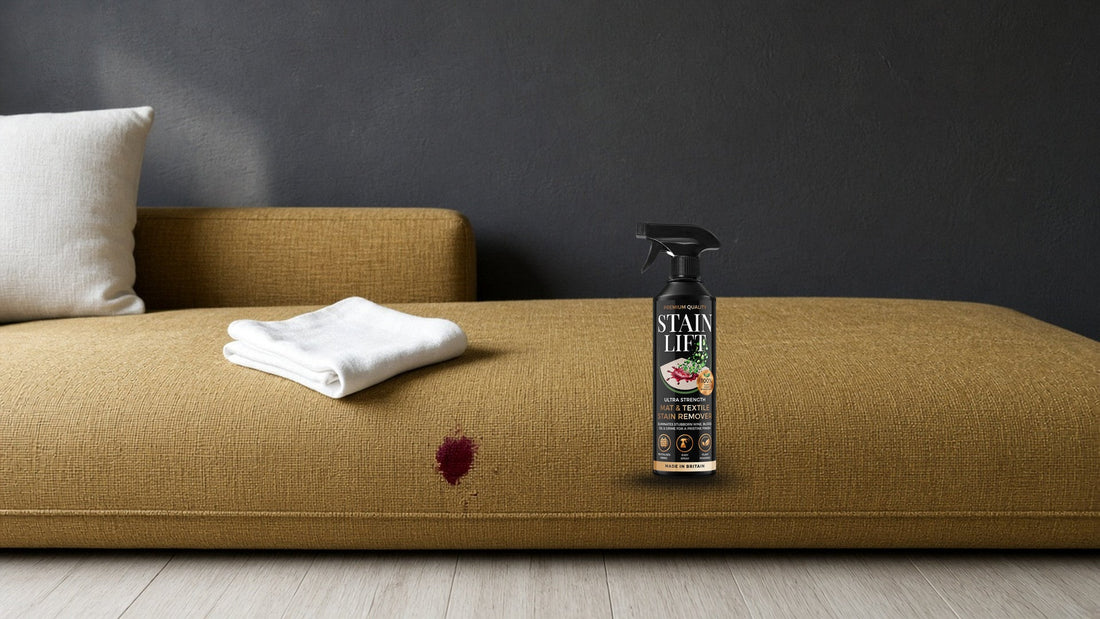 STAIN LIFT sofa stain remover spray beside a small red wine drip on a mustard woven fabric sofa, with a folded white cloth