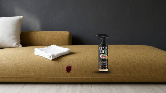 STAIN LIFT sofa stain remover spray beside a small red wine drip on a mustard woven fabric sofa, with a folded white cloth