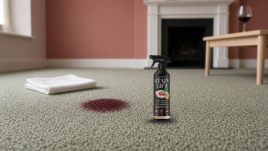 STAIN LIFT carpet stain remover spray beside a small red wine spot on a sage twist-pile carpet, with a folded white cloth