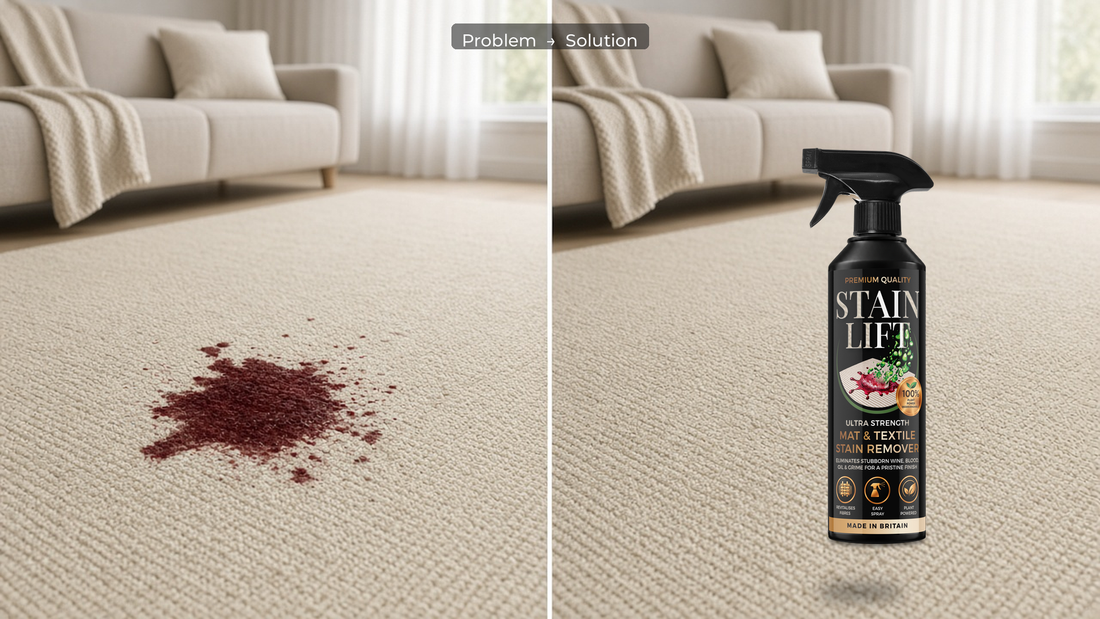 Stained entrance mat on the left, clean lifted fibres on the right — STAIN LIFT problem to solution