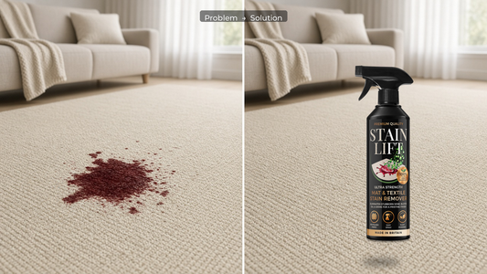 Stained entrance mat on the left, clean lifted fibres on the right — STAIN LIFT problem to solution