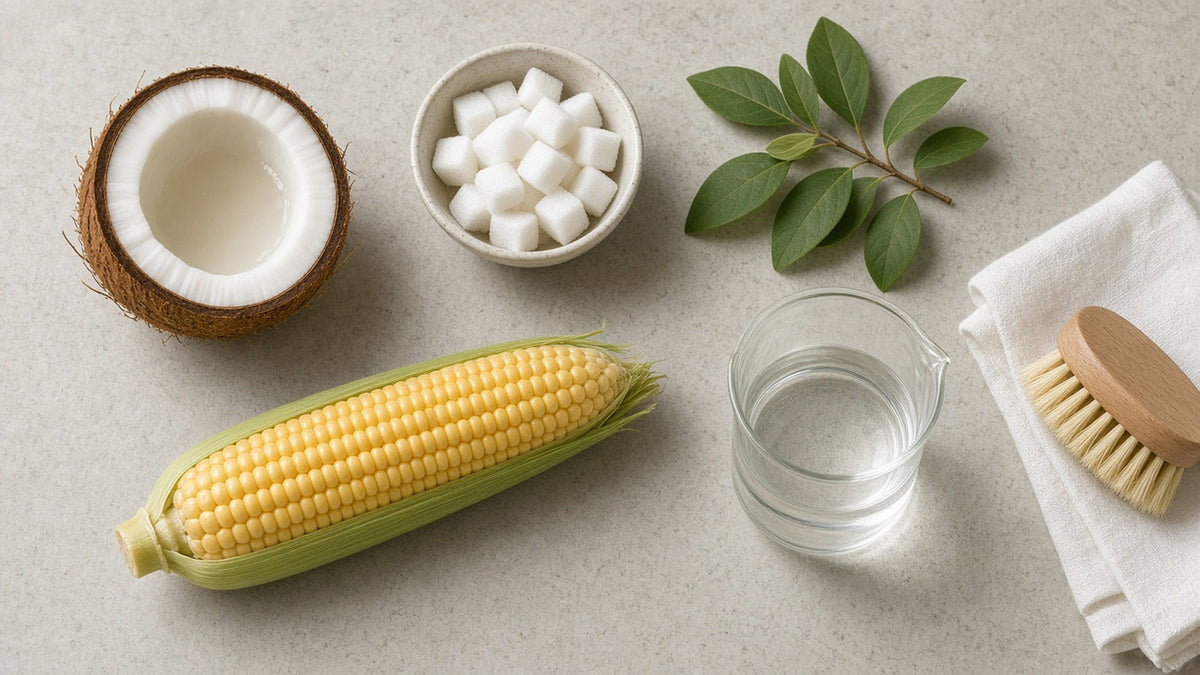 Flat-lay of plant-based feedstocks on a light stone worktop: a halved coconut, a bowl of white sugar cubes, a green leaf sprig, a whole ear of corn, a glass jug of water and a folded white cloth with a wooden scrubbing brush