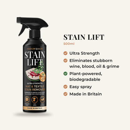 STAIN LIFT 500ml key facts: Ultra Strength; eliminates stubborn wine, blood, oil and grime; plant-powered, biodegradable; easy spray; made in Britain